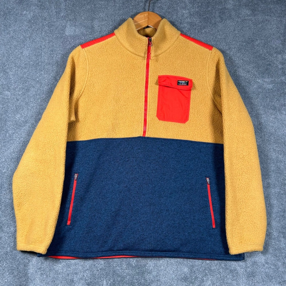 LL Bean Sherpa 1/2 1/4 Zip Hybrid Fleece Pullover Men XL Yellow Blue Color Block